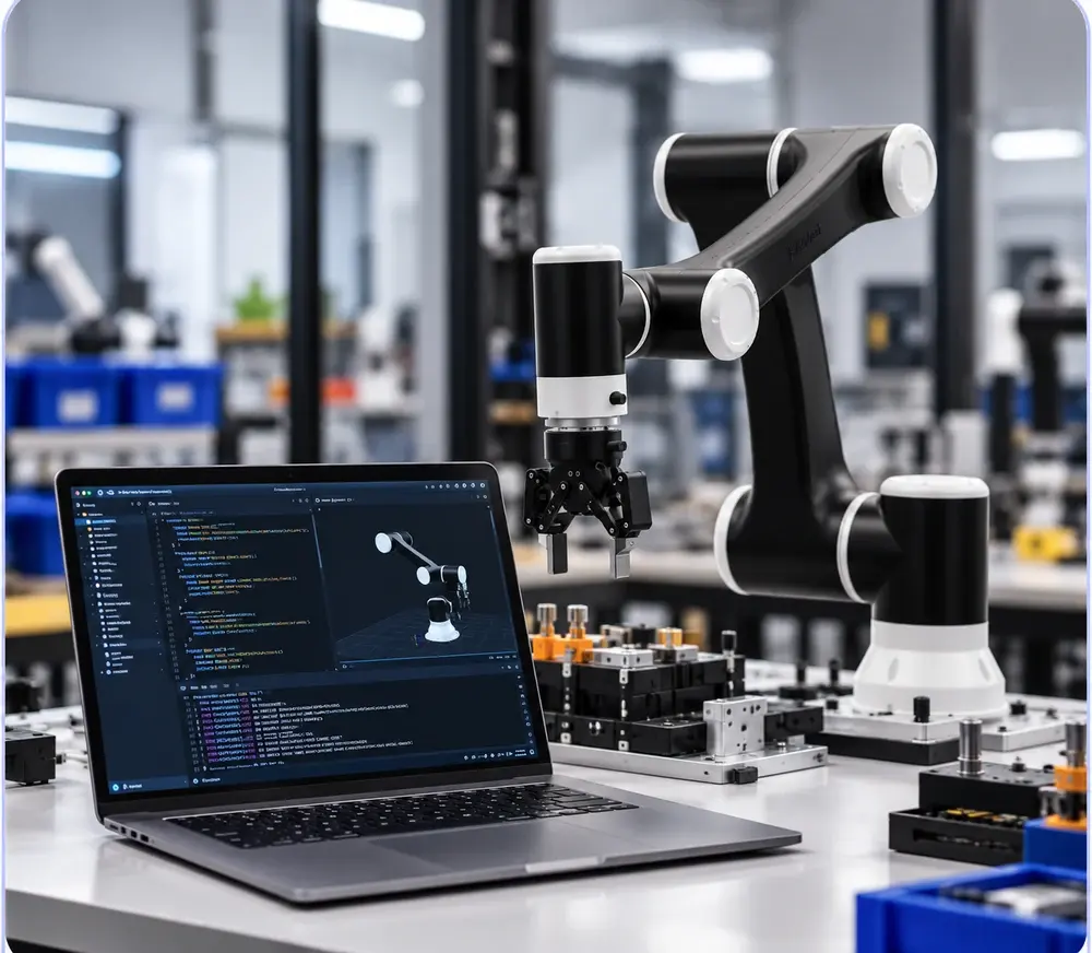 Robot programming software on a laptop beside a Kikobot collaborative robot